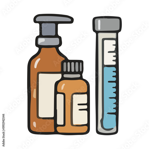 Doodle Illustration of Medicine Bottles and Scientific Test Tube