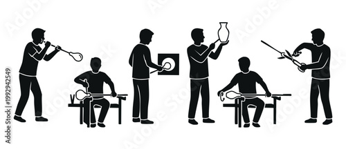 Glassblowing process icons set, artisan crafting glass vase, professional manual labor silhouettes collection, traditional craft production stages, isolated vector illustration on white background, de