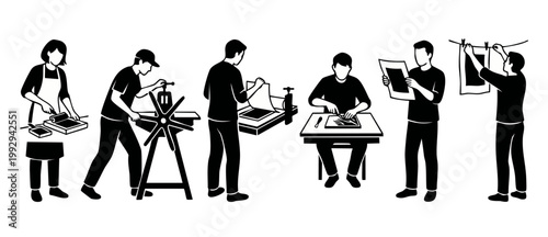 Printmaking process steps vector illustration, artists creating art prints with etching press and carving tools, workshop production sequence set in black and white minimalist graphic style on white b