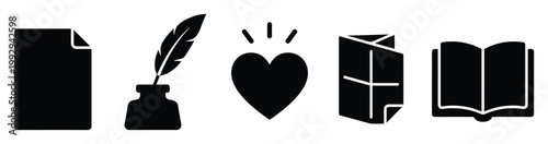 Universal glyph symbols of a blank page quill and ink heart folded map and open book for content creation and educational themes
