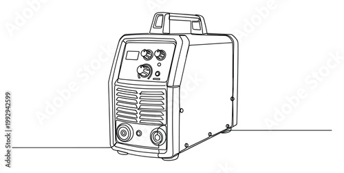 Continuous line drawing of a professional welding machine with front controls and top handle for various industrial applications.