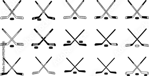 Set of Hockey Sticks and Pucks in Various Positions for Sports, Ice Hockey, and Athlete Illustrations