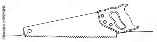 Simple continuous line drawing of a hand saw, perfect for carpentry workshop visuals and woodworking projects