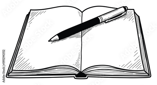 Open book with a pen resting on its blank pages symbolizes learning, writing, and academic pursuits for various educational projects.