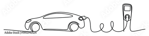 Electric car charging at a station in a simple continuous line drawing for ecofriendly mobility solutions.