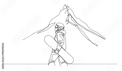 Dynamic continuous line drawing of a snowboarder carrying board with majestic mountain peak for winter sports