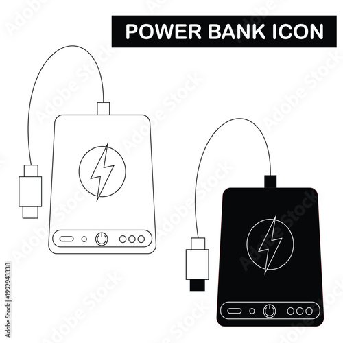 Power Bank Battery Phone Charger icon black and white, Power bank line icon, flyers and web sites. Editable stroke in trendy flat style. Line icon of device.
