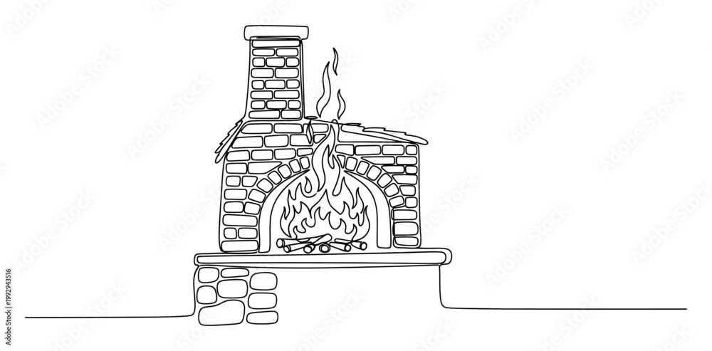 Fototapeta premium Continuous line drawing of a cozy brick fireplace with flames for warmth and comfort applications