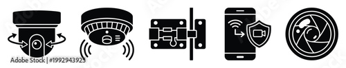 Glyph icons for home security systems, including cameras, sensors, door locks, and mobile monitoring apps.