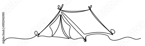 Continuous line drawing of a classic camping tent representing outdoor recreation and wilderness exploration activities