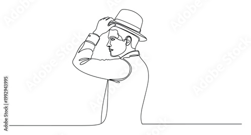 Elegant single line drawing of a dapper man tipping his hat, suitable for event branding or fashionrelated designs.