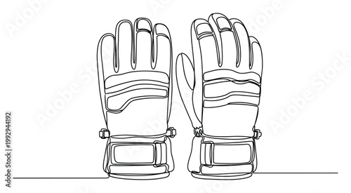 Continuous line drawing of a pair of winter gloves, suitable for sports equipment graphics or cold weather clothing designs