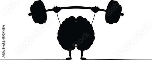 Human brain silhouette lifting heavy barbell vector illustration representing mental strength intelligence exercise and psychological power isolated on white background.