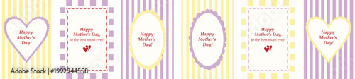 Mother’s Day greeting card set with hearts and striped patterns, cute vintage style postcards collection for print, social media