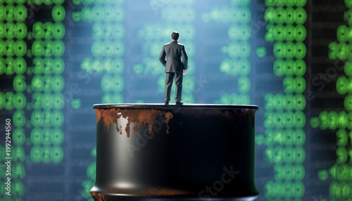 Businessman Standing on Oil Barrel Against Digital Financial Screen