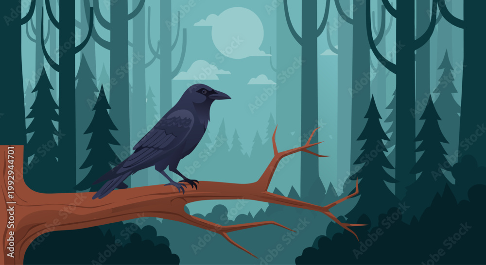 Fototapeta premium Raven perched on branch in misty conifer forest at dusk