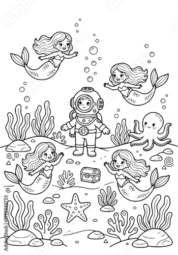 The mermaids led the scuba diver boy to a sunken ancient treasure coloring page.