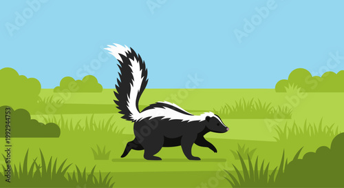 Skunk walking across grassy plain with tail raised and alert