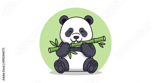 Panda chewing bamboo while seated in circular green background