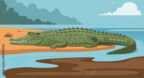 Crocodile basking on muddy river bank near calm water