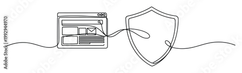Continuous line drawing of web browser and shield symbolizing internet security and digital data protection.