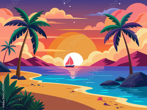 Sailboat sailing toward sun setting over tropical beach bay