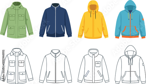 Set of Casual Jackets and Hoodies in Various Colors and Styles for Fashion, Clothing, and Outerwear Illustrations