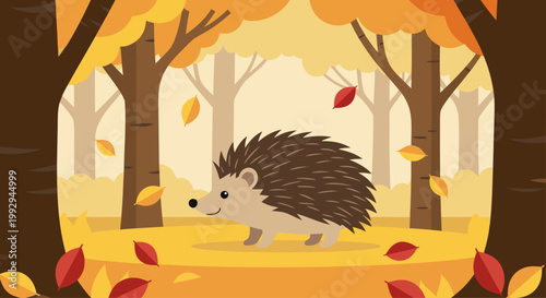 Hedgehog walking among falling leaves in autumn forest