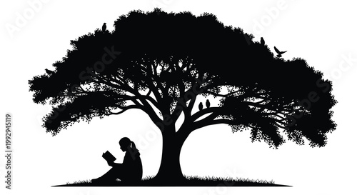 A solitary figure reads a book peacefully beneath a large silhouetted tree