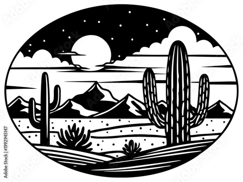 Desert panorama with tall saguaro cactus under starry sky
