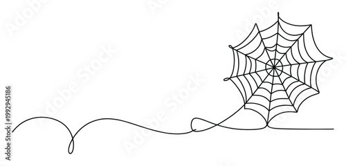Continuous line drawing of a spider web with a decorative flowing thread perfect for Halloween designs and seasonal events
