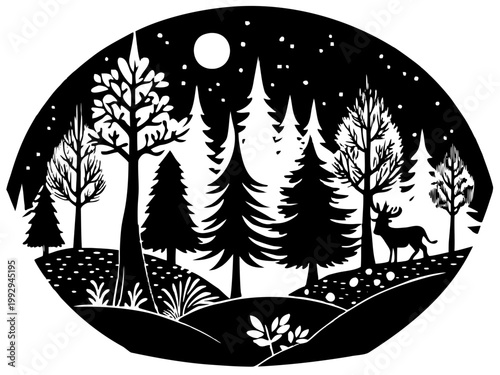 Forest scene with deer walking among trees under moonlit sky