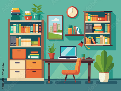 Home office desk with laptop and bookshelves in interior
