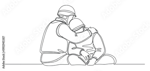 Continuous line drawing of soldiers comforting each other symbolizing support and military empathy