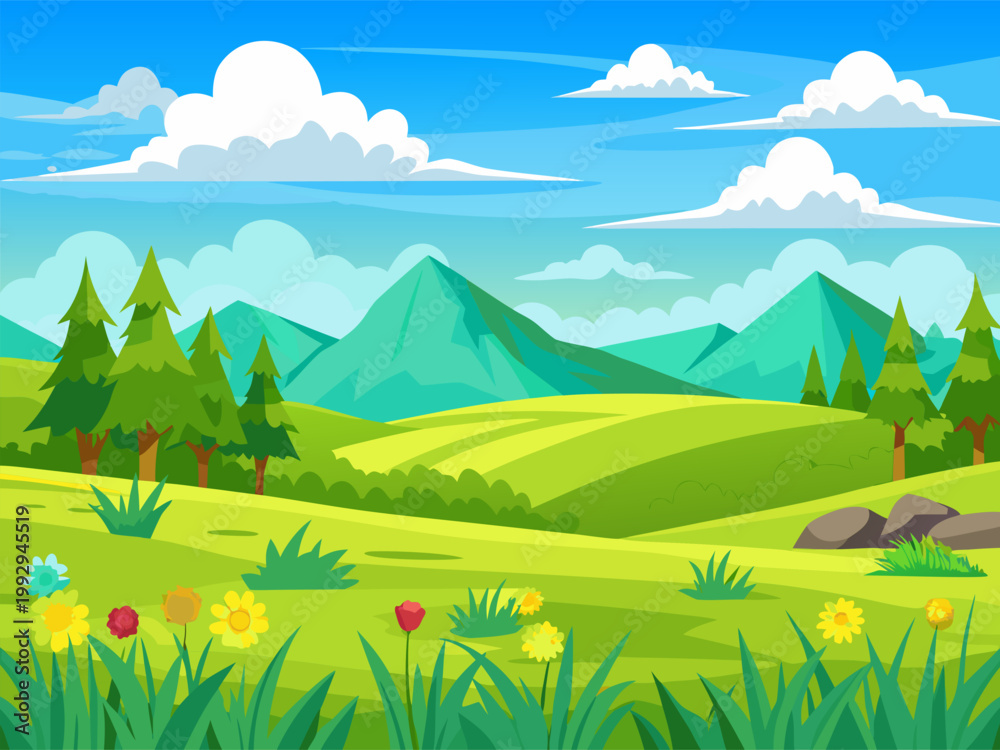Fototapeta premium Wildflower meadow with rolling hills and distant mountains sunlit landscape