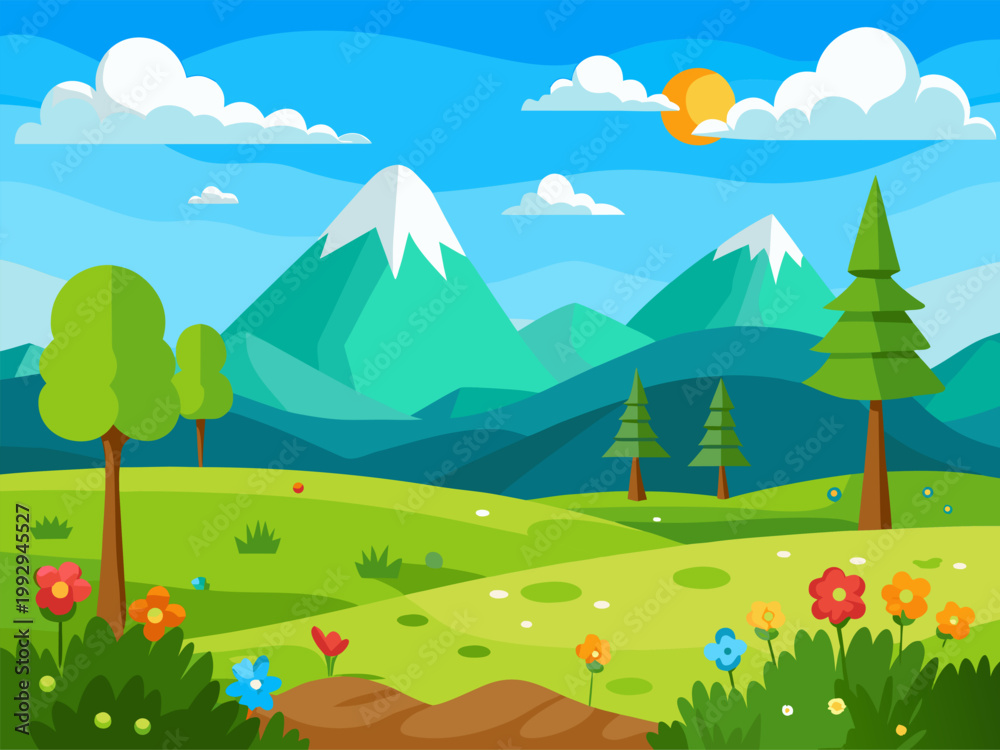 Fototapeta premium Mountains with snow caps overlooking rolling green meadow