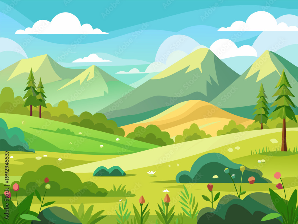 Fototapeta premium Rolling green hills with distant mountains under blue sky