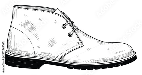 Detailed handdrawn black and white sketch of a classic desert boot, perfect for apparel catalogs or style publications