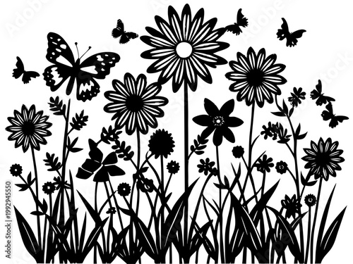 Tall wild flowers with butterflies in black silhouette field