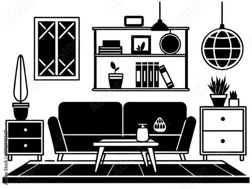 Stylized living room sofa and shelving with pendant lights