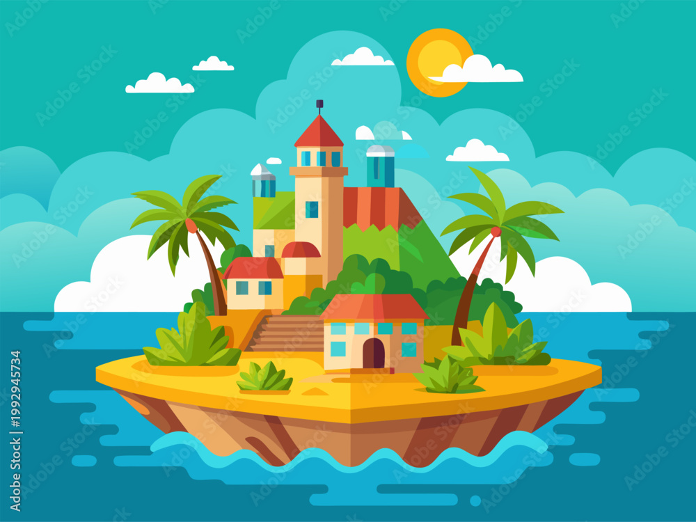 Obraz premium Colorful small village buildings clustered on floating island