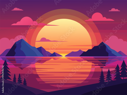 Sunrise aligning between mountain peaks over mirrored water
