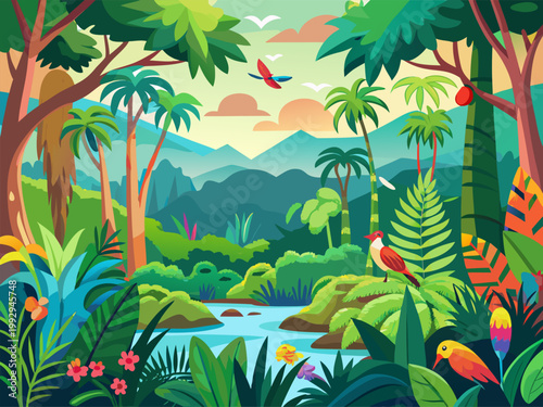 Tropical forest scene with birds near river valley during sunrise