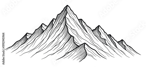 Handdrawn mountain range line art for naturethemed graphic design, adventure branding, or outdoor lifestyle publications.