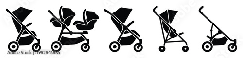 Collection of diverse baby strollers and prams for newborns and toddlers, perfect for parenting and childcare themes