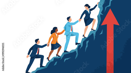 Upward trending performance. Four people climbing a mountain with a red arrow. Illustration material of business people ascending towards growth.
