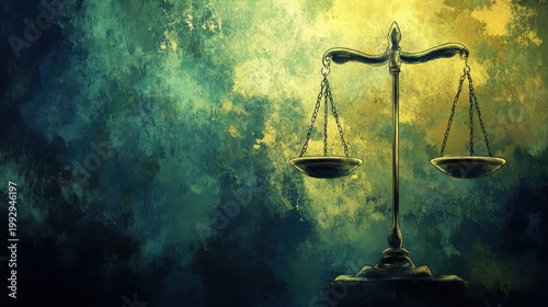 A close-up of the ancient scales of justice with a textured, atmospheric background representing legal concepts