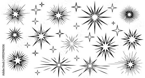 Various artistic starburst icons and sparkle shapes are collected in this diverse set of decorative design elements