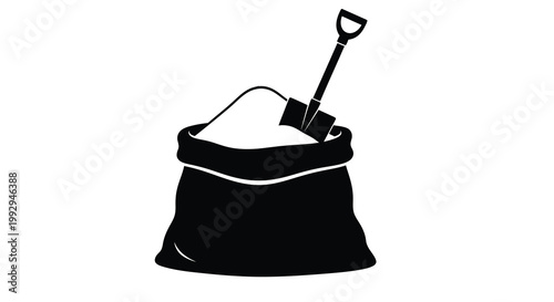 Black and white illustration of a bag with gardening tools inside