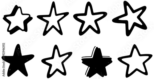 Collection of various hand drawn stars isolated on white background showcasing diverse artistic sketch styles for design